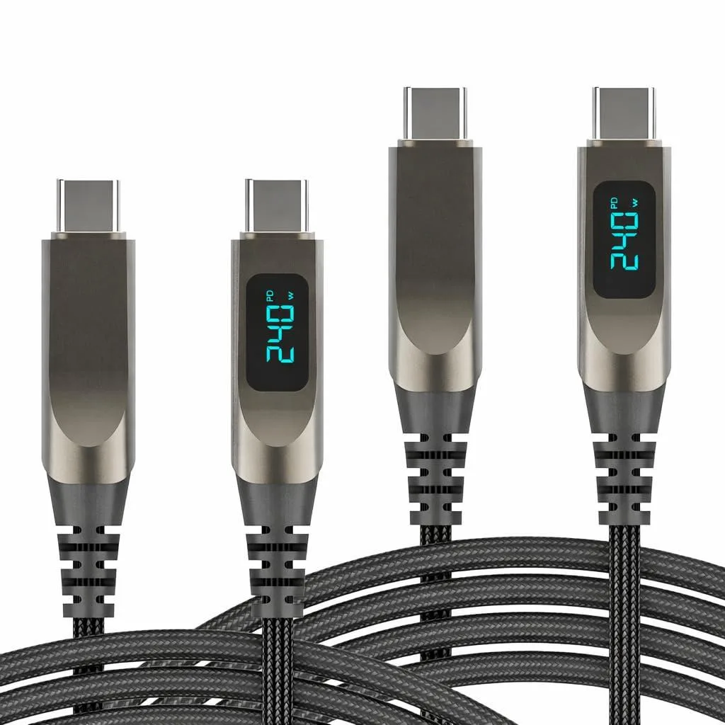 Black braided USB-C to USB-C cable with LED power display on connector, 6.6 ft long