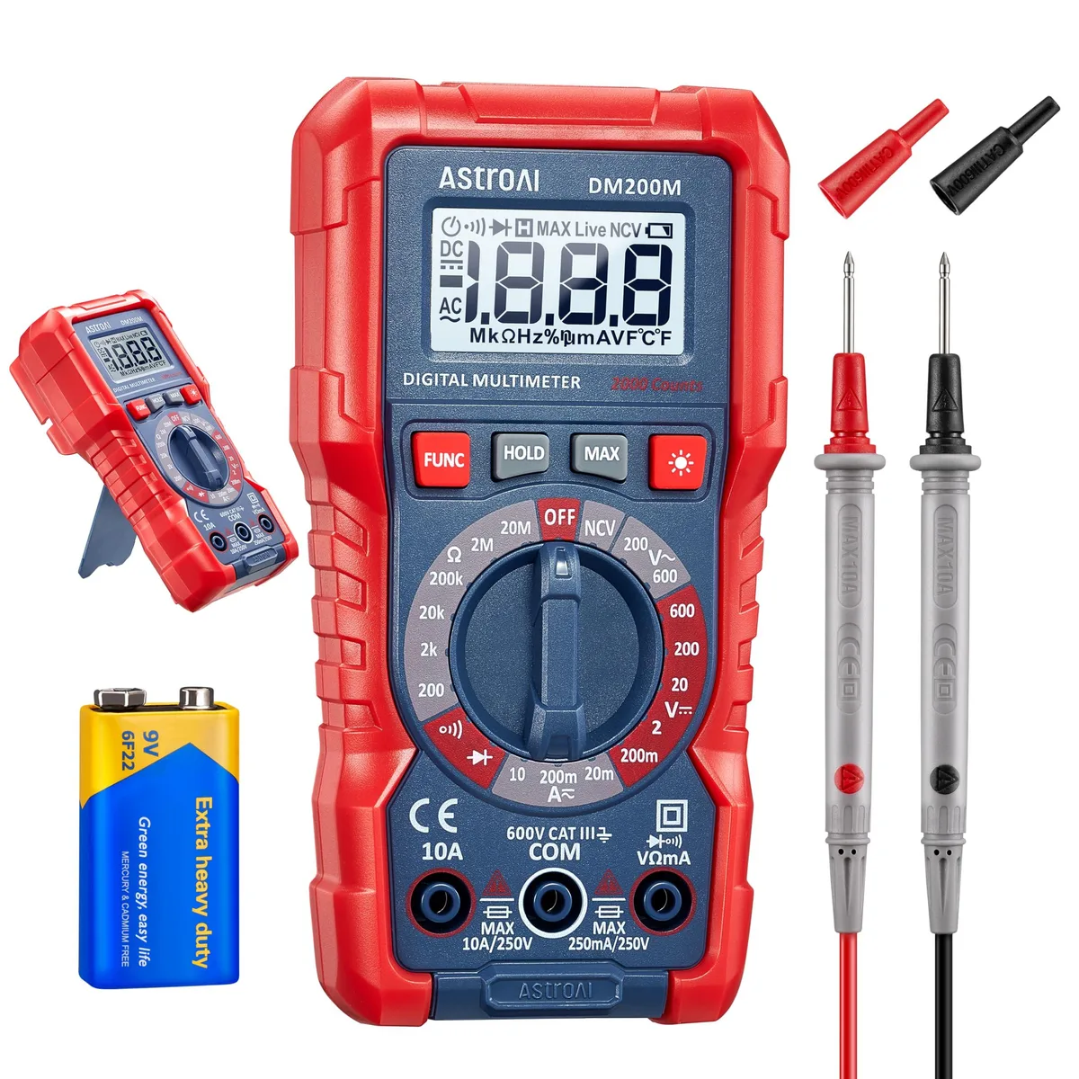 Yellow digital multimeter with black test leads and protective case