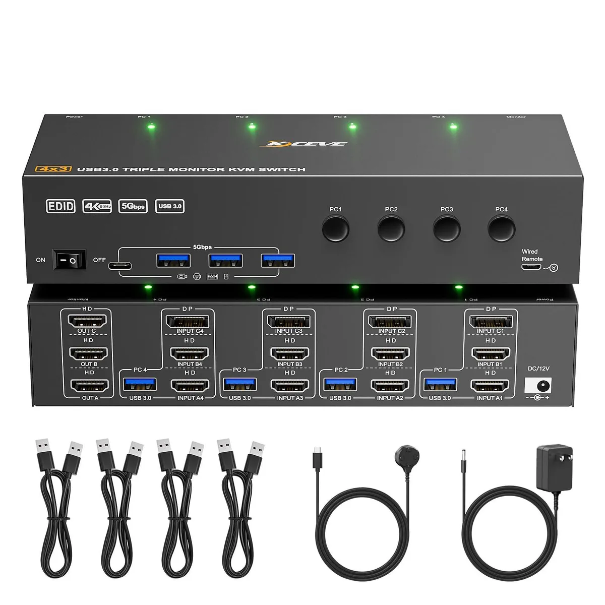 Rectangular metal box with push buttons and multiple video ports, wired remote included
