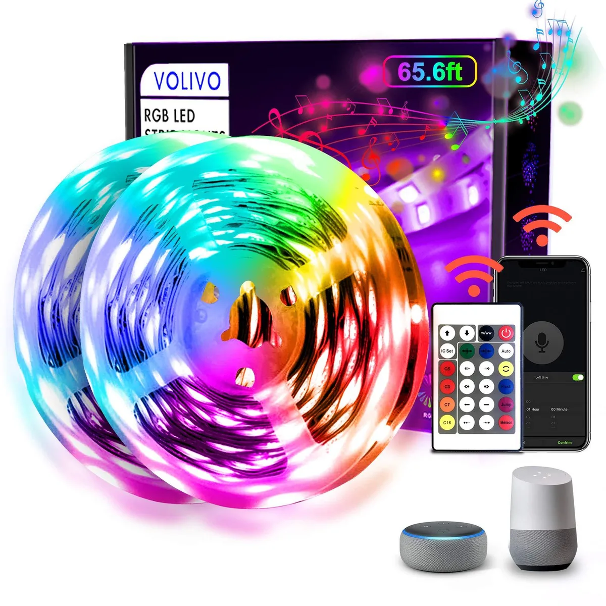 Two rolls of flexible LED strip on reels, blue wire, adhesive backing, 65.6ft total
