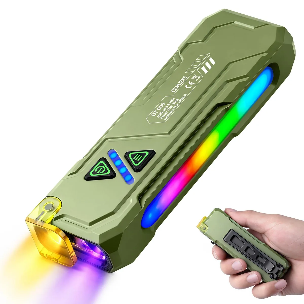Green rectangular flat flashlight with magnetic clip, 4.25 by 1.3 by 0.95 inches