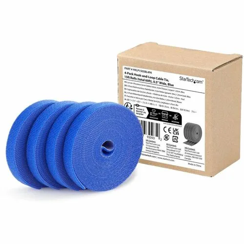 STARTECH STARTECH HKLP1505BL4PK 4-pack 15ft 0.5in blue hook and loop cable management — product photo