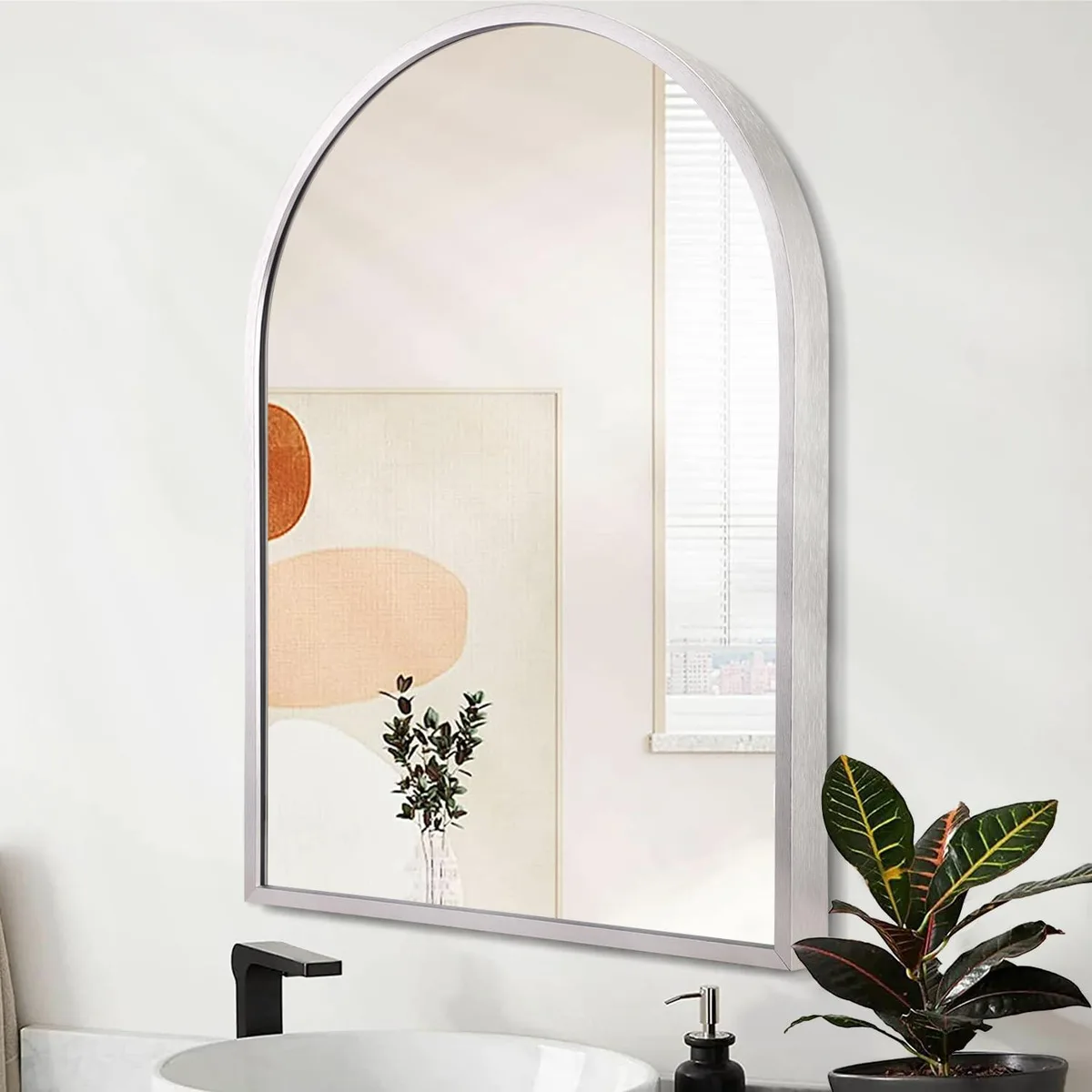 HLFMVWE Arched Bath Mirror Silver Brushed Metal Frame 16x12 — product photo