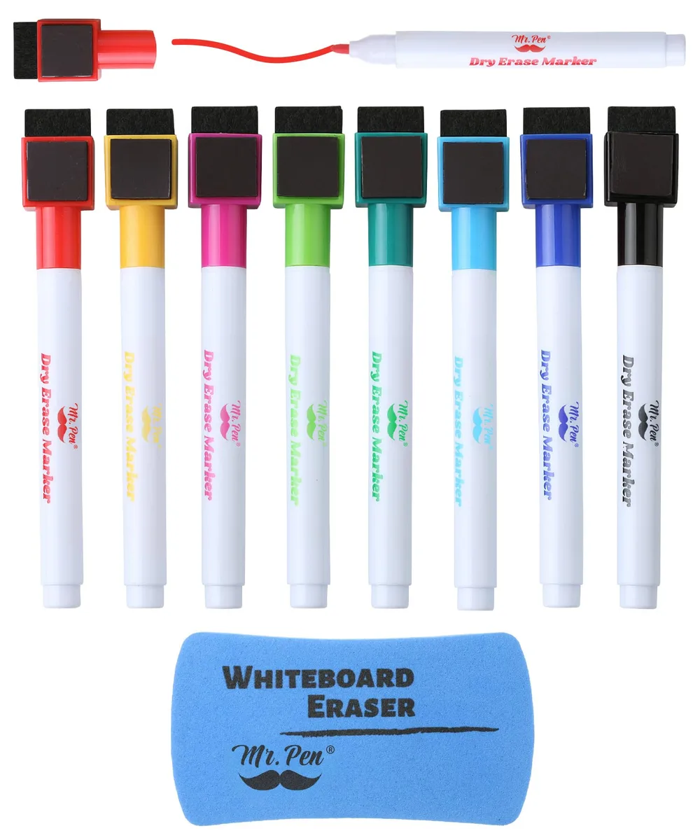 Eight coloured marker pens with magnetic caps and a matching eraser