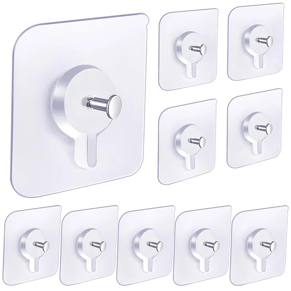 Ten stainless steel adhesive hooks with clear backing pads