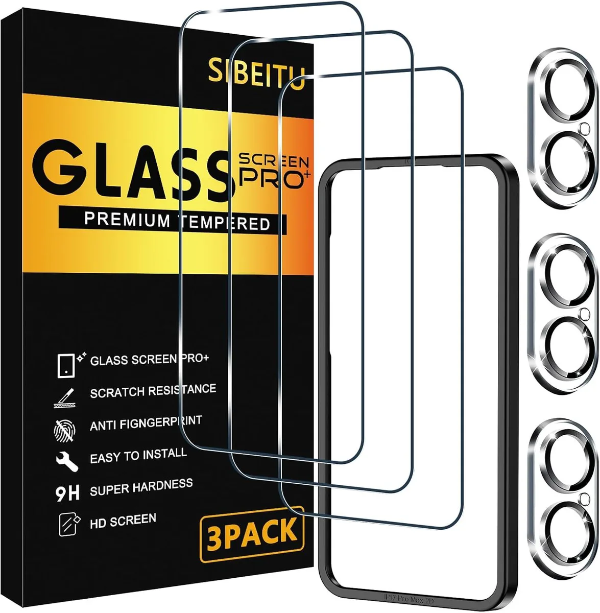 Three clear tempered-glass screen protectors with matching camera lens guards and an alignment frame