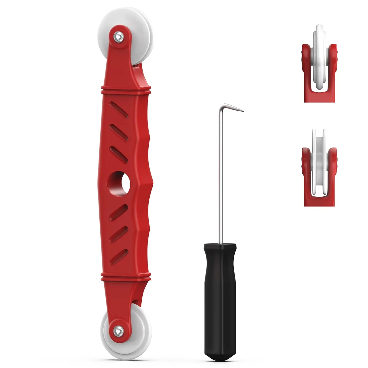 Two plastic-handled screen rollers, one dual-wheel and one spline hook, on a light background