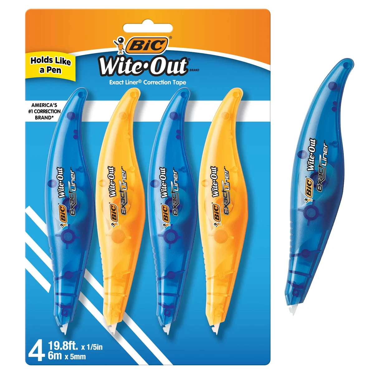 Four white correction tape dispensers with clear plastic bodies and grip zones