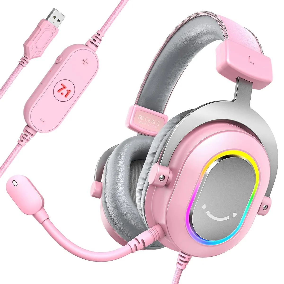 Pink over-ear USB gaming headset with detachable microphone and RGB lighting