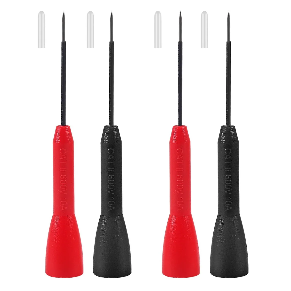 Four red and black needle probes with rubber handles