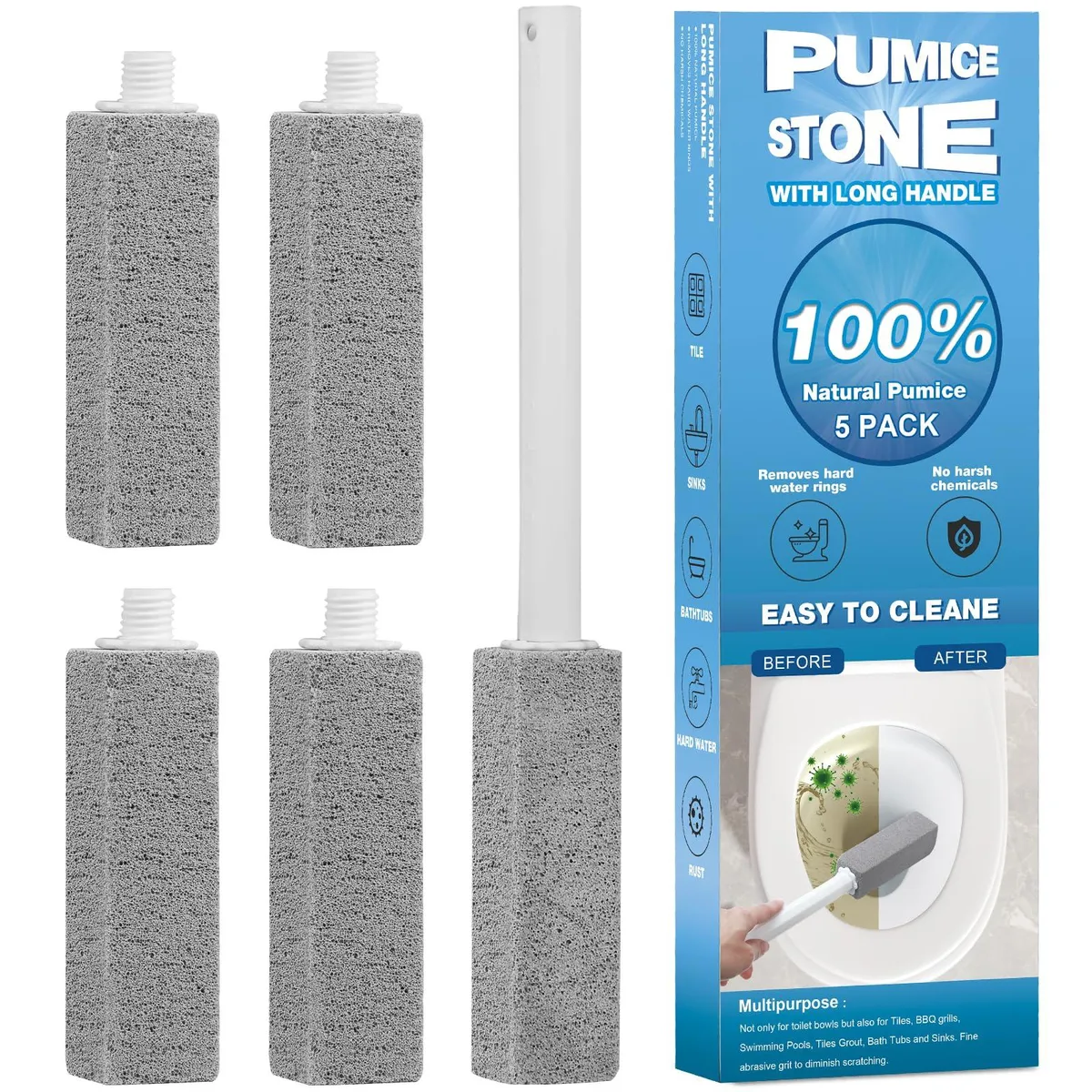 Five natural pumice stones with 13.5-inch handle for toilet and surface cleaning