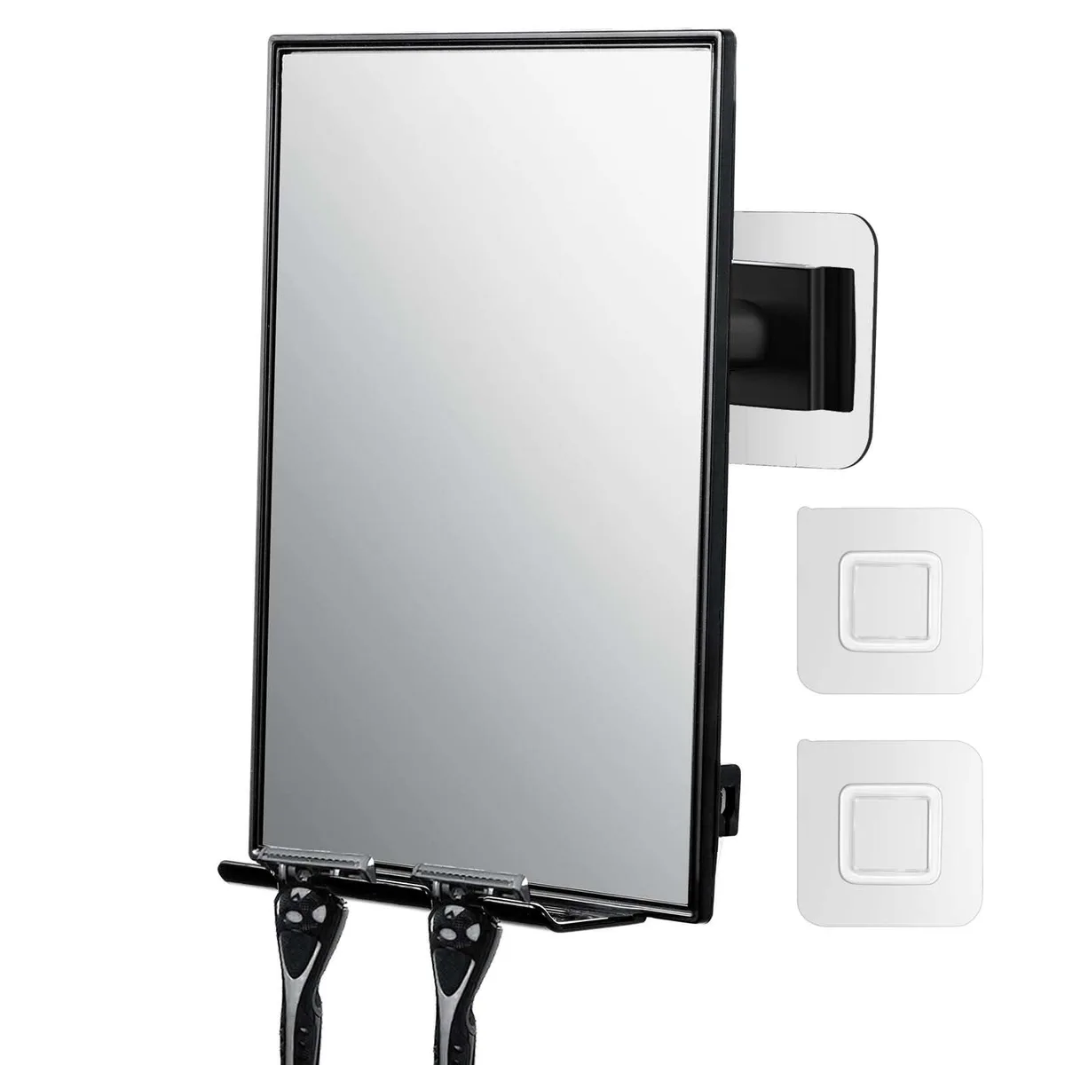 Black rectangular shower mirror with 360° swivel and razor hooks