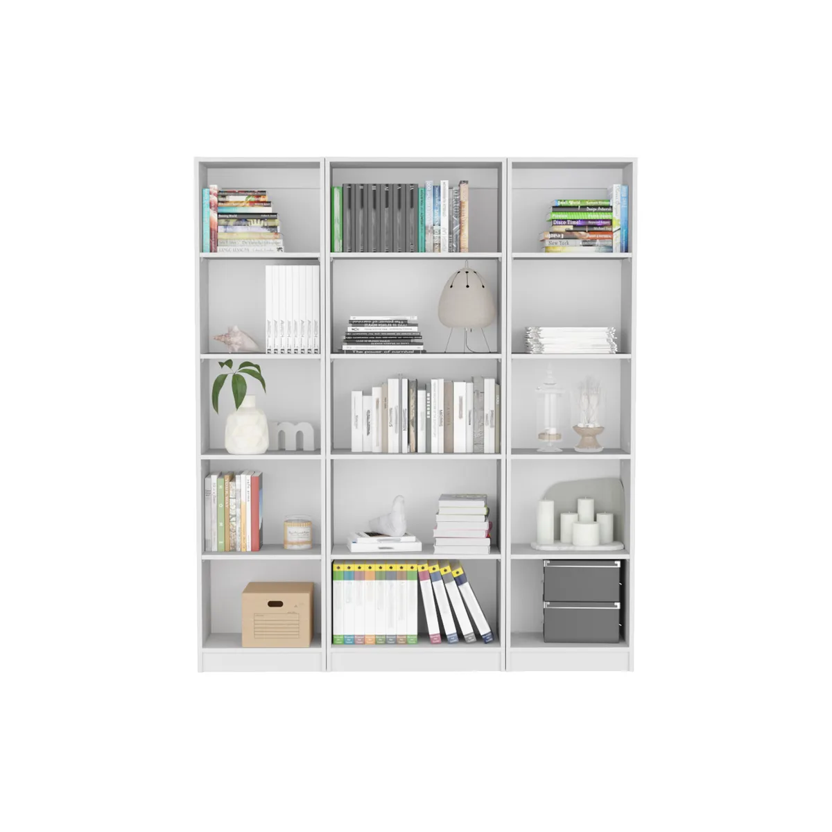 Three white bookcases, one wide four-shelf unit and two narrow units, manufactured wood finish