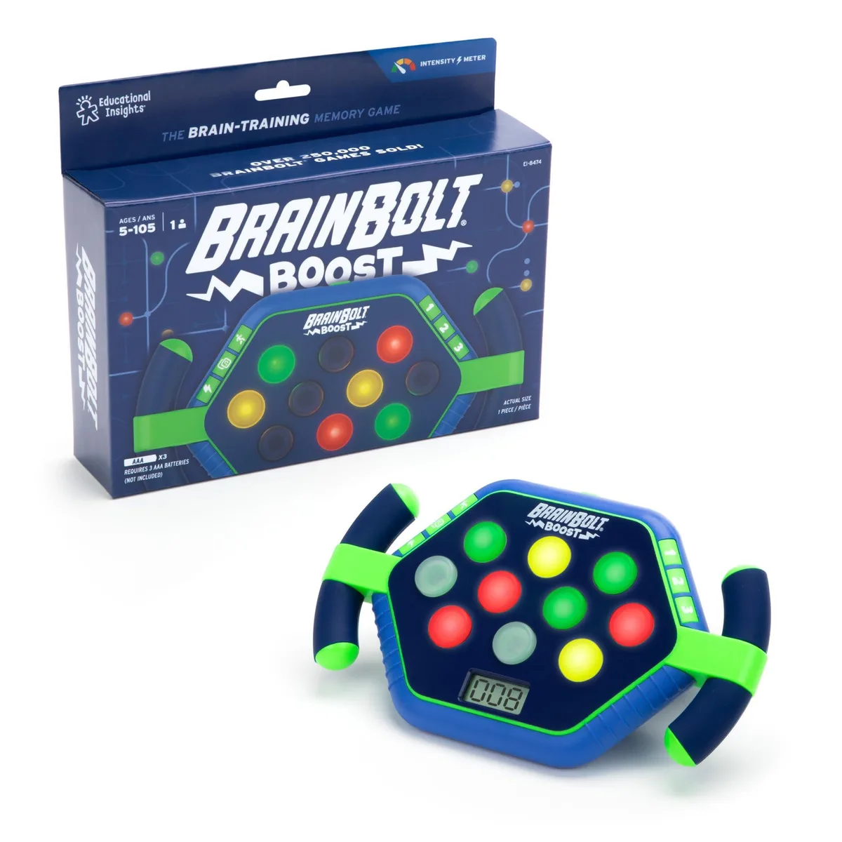 Small black handheld electronic game with light-up buttons rectangular shape smooth plastic finish