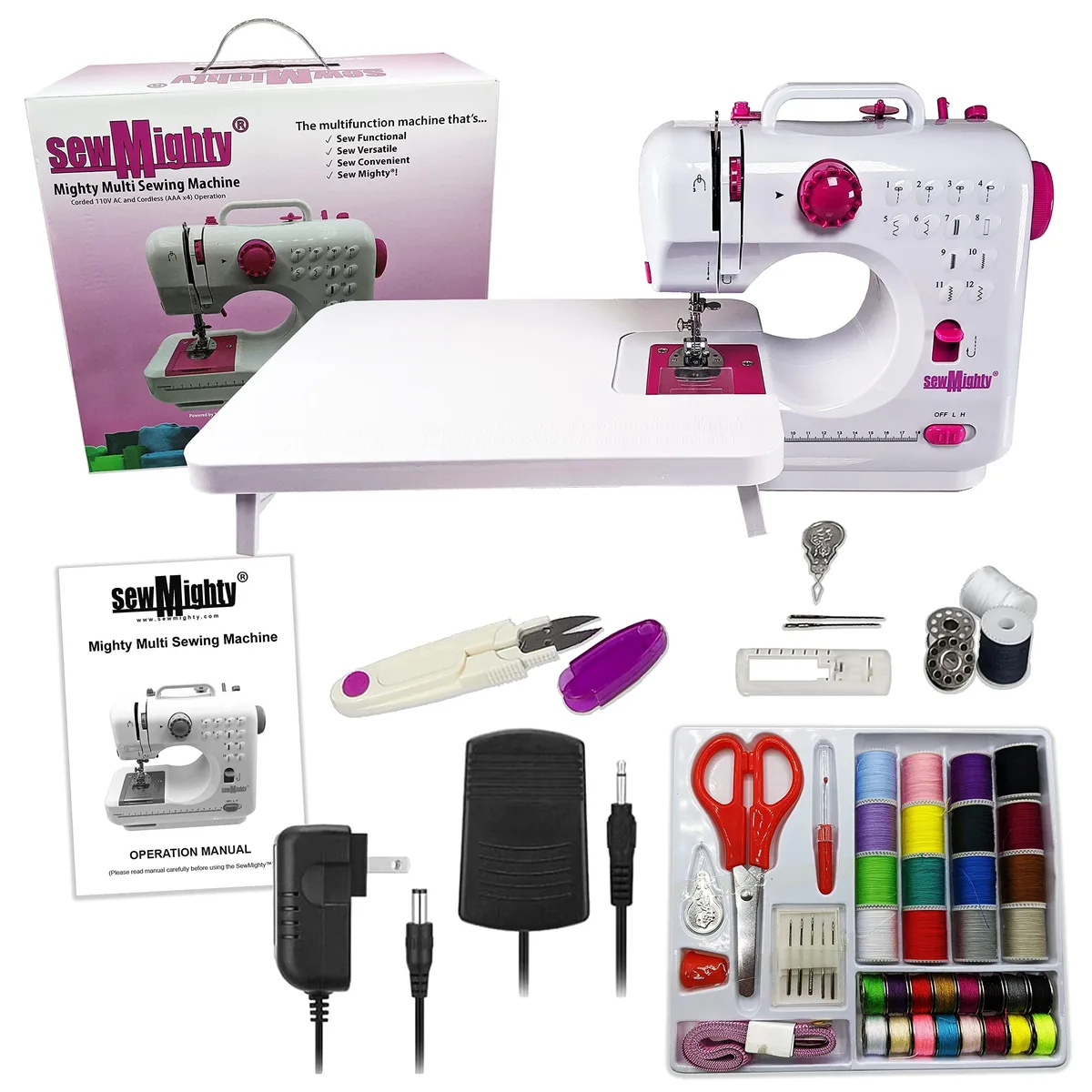 Pink compact sewing machine with kit and table, 10 by 10 by 11 inches, 2.75 lb