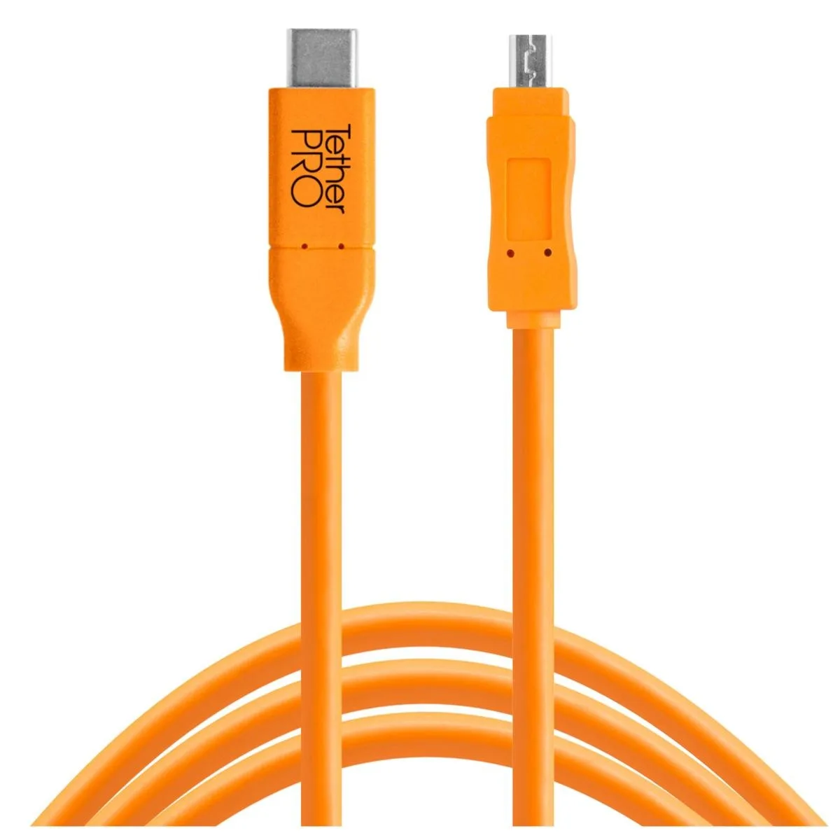 Orange USB-C to Mini-B 8-pin cable, 15 ft long, coiled form factor, matte finish