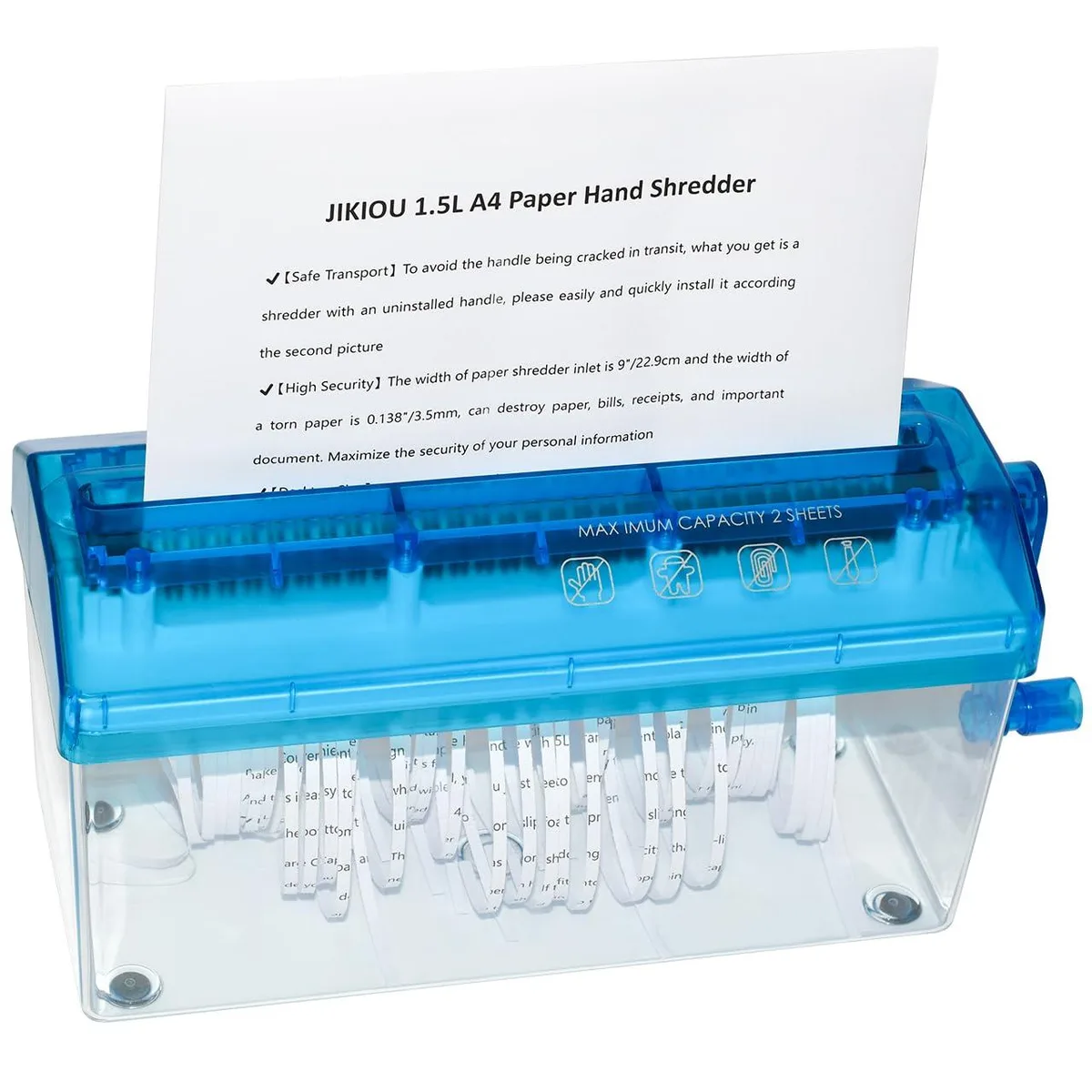 JIKIOU manual-shredder-002 manual strip-cut shredder 2 sheets blue office equipment — product photo