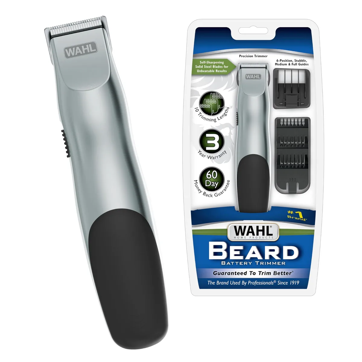 Black cordless beard trimmer with rubber grip and multiple guide combs