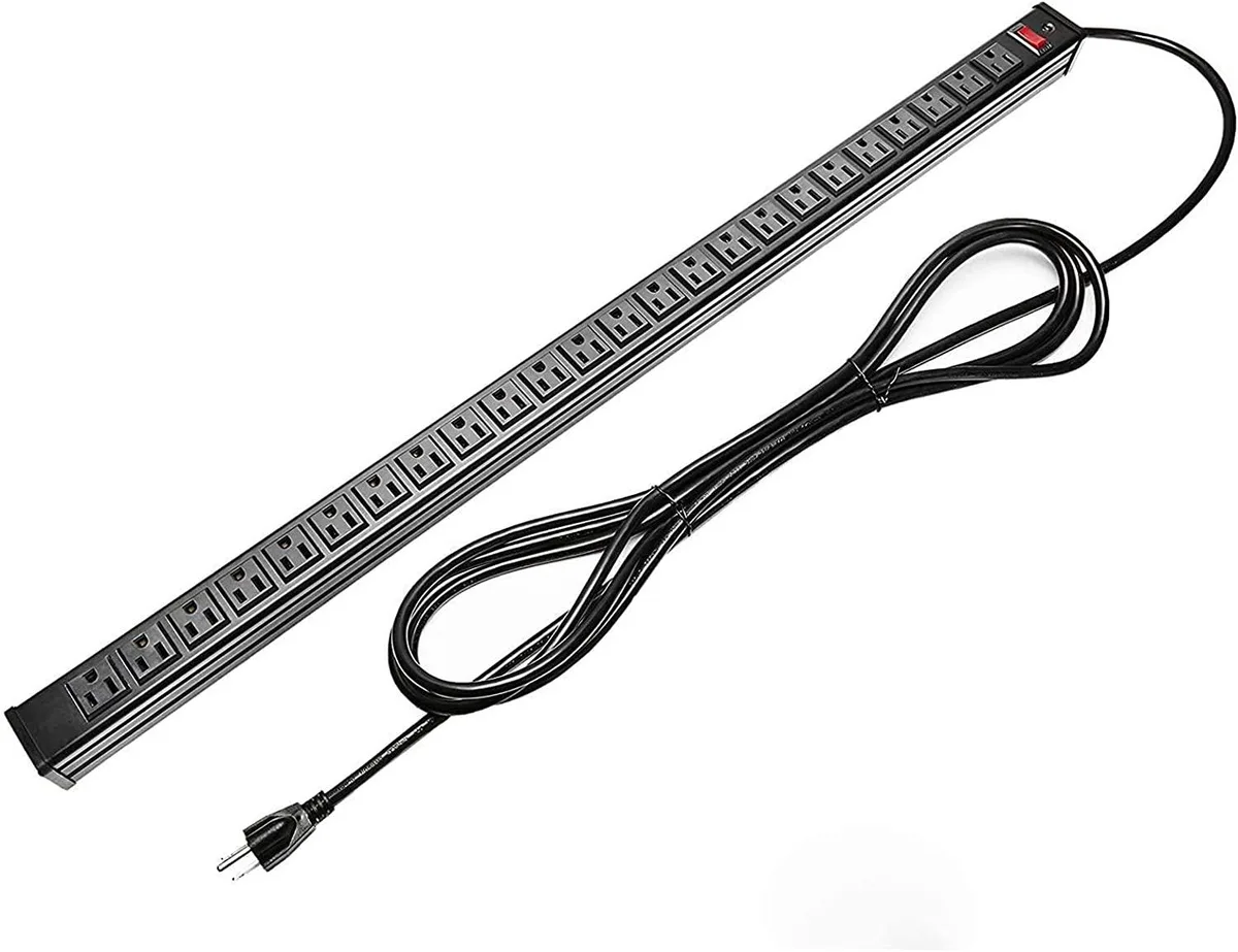 Black metal 24-outlet surge protector with 9.8-foot cord