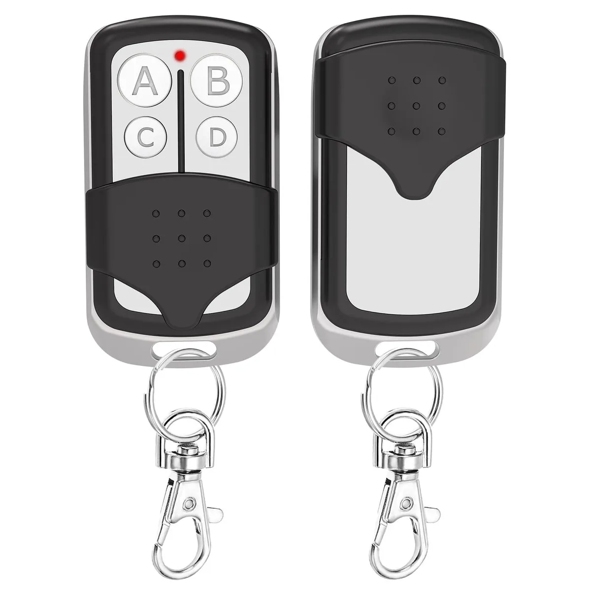 Two small black four-button key-fob remotes with a key-ring loop