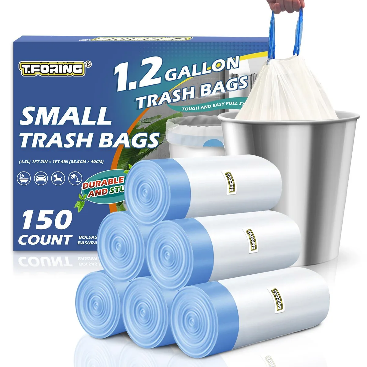 Three white rolls of small drawstring trash bags, 150 count total, 1.2 gallon capacity