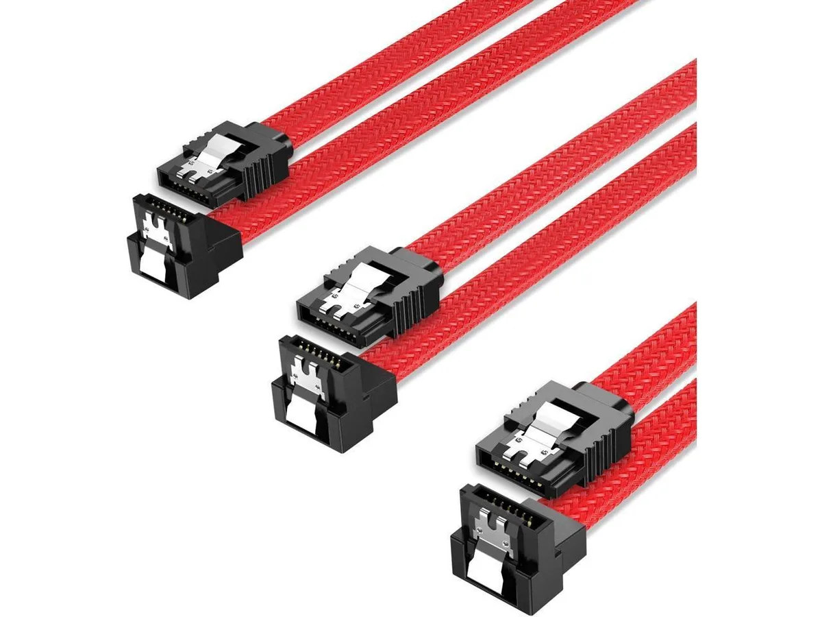 BUCIER BUCIER 3-pack SATA cable III 90° straight to right angle 6Gbps locking latch 50cm 18in red — product photo