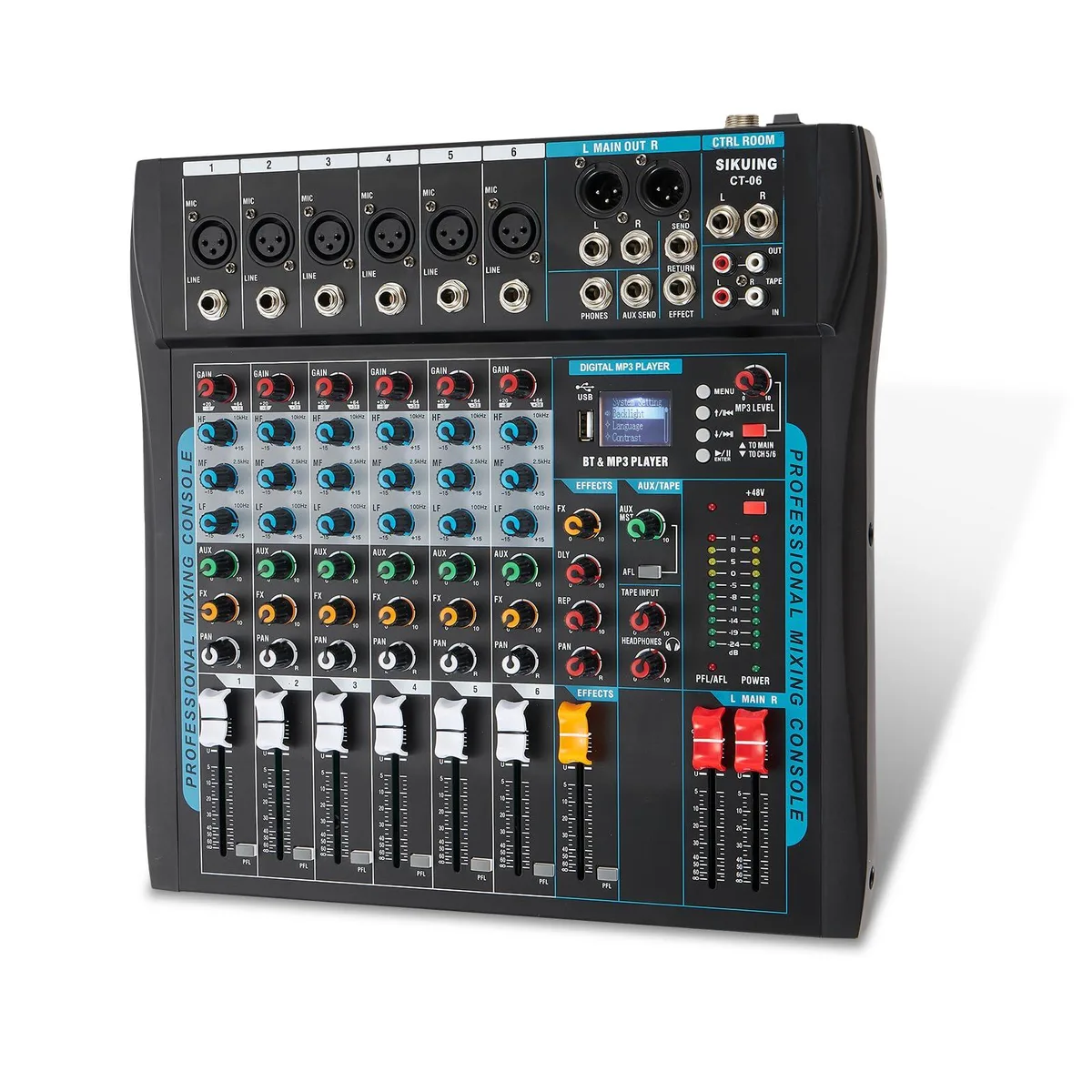  SIKUING CT-06 6 Channel Audio Mixer with 16 DSP Effects, Bluetooth, USB, 48V Phantom Power — product photo