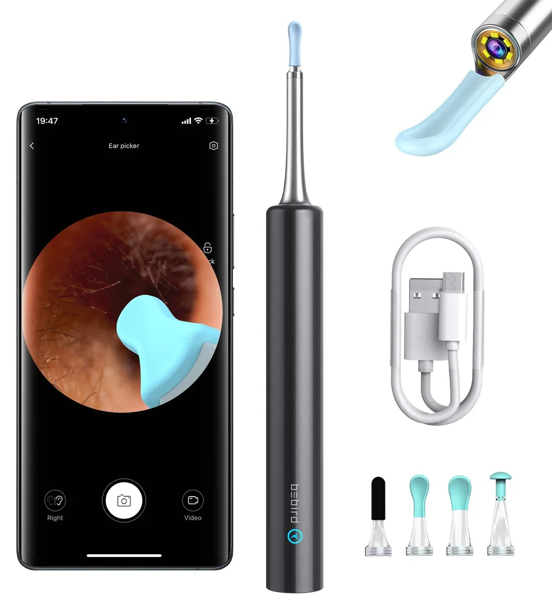 Black ear cleaner with camera lens, six LED lights, and four interchangeable scoops