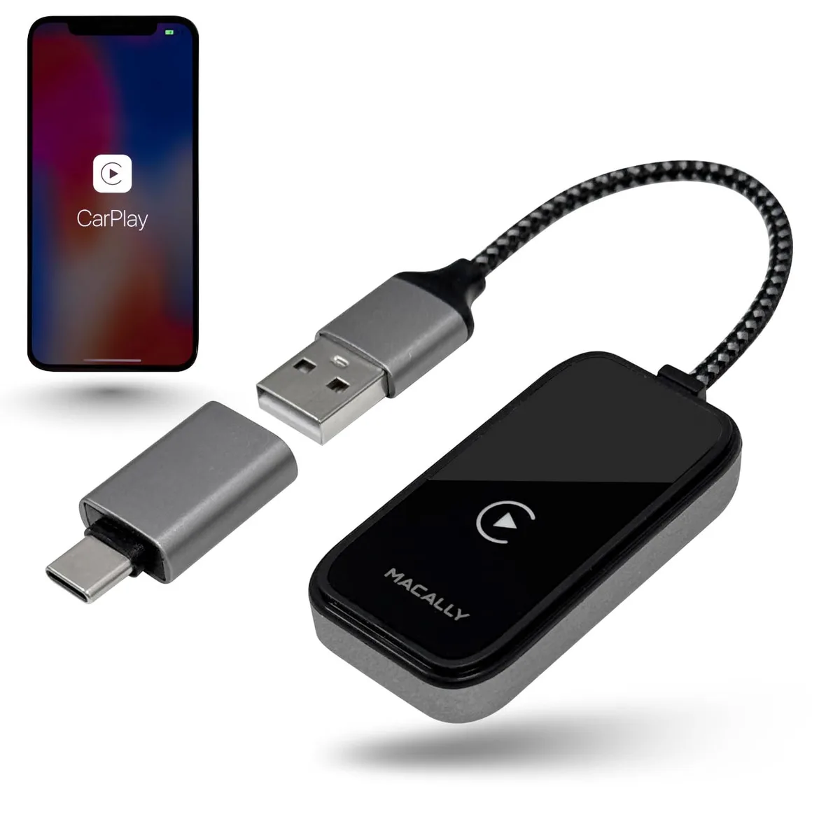 Small USB dongle with USB-A and USB-C connectors, matte black finish