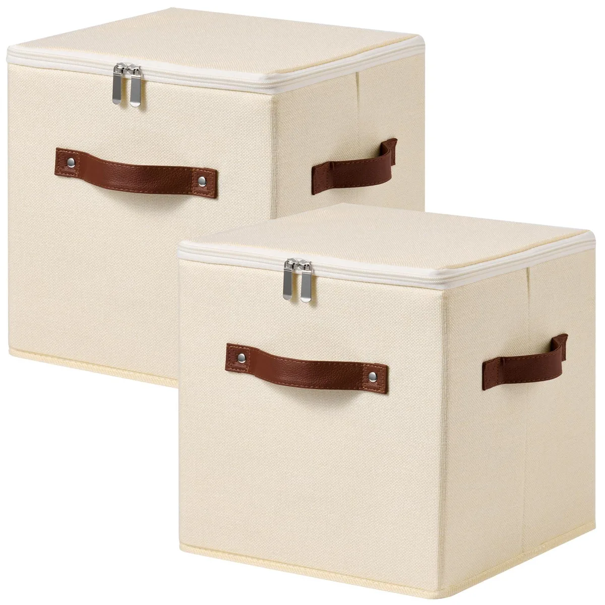 Two beige fabric storage cubes with zippered lids and handles