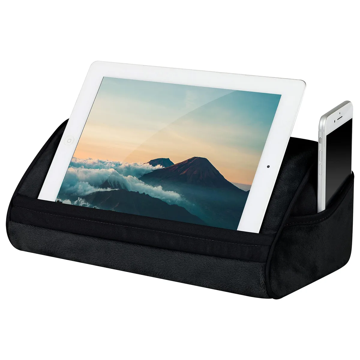 Black tablet pillow stand with front pocket and snap handle, microbead cushion, 12 inches wide