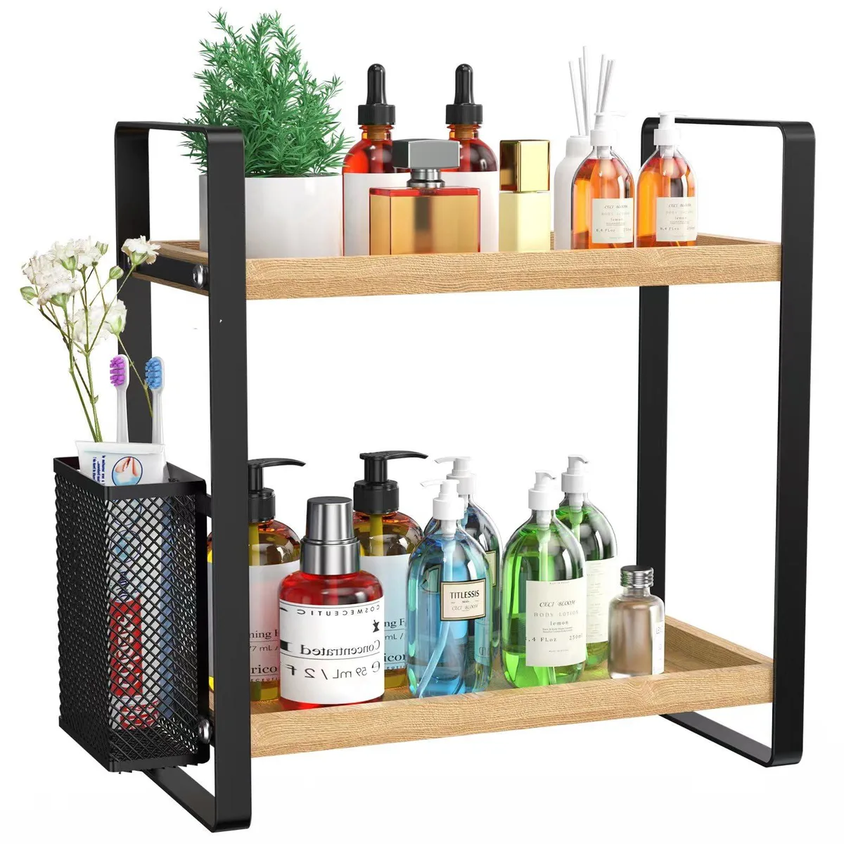 Two-tier wooden rack with side basket, painted finish, 35 by 17 by 33 cm
