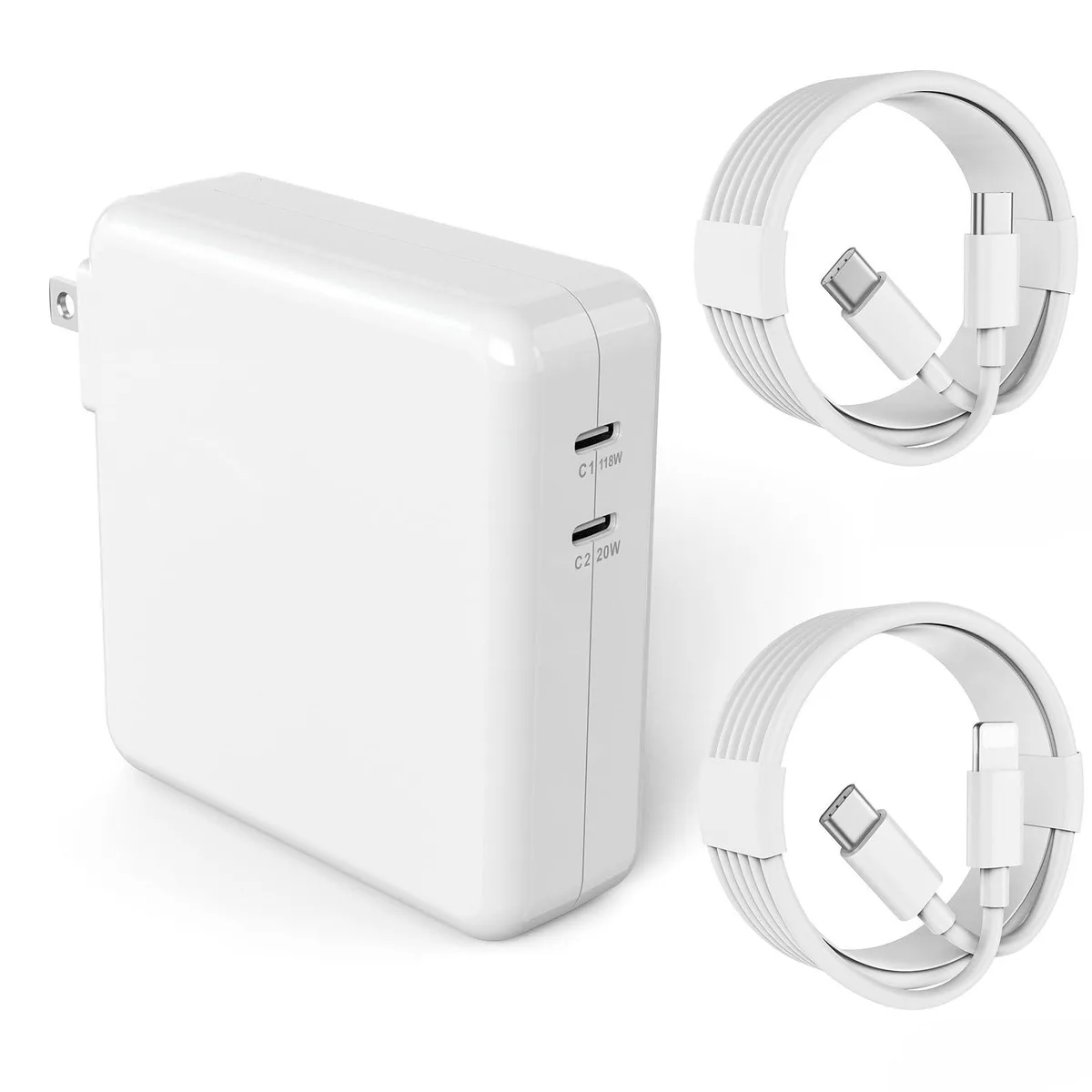White rectangular GaN charger with foldable plug, two ports, attached USB-C to USB-C and USB-C to Lightning cables
