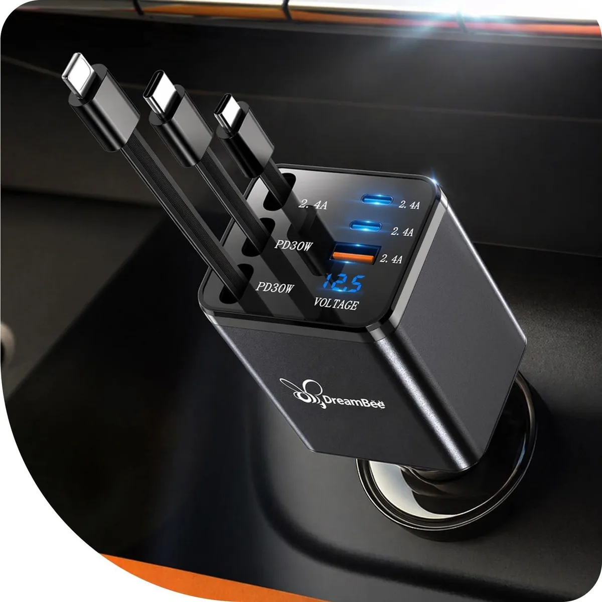 Leelbox Leelbox Retractable Car Charger 108W 6-in-1 31.5in 3 Cords — product photo