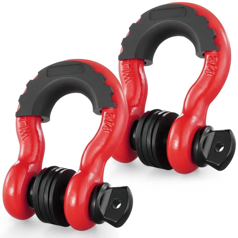 Two red D-ring shackles with black screw pins and washers