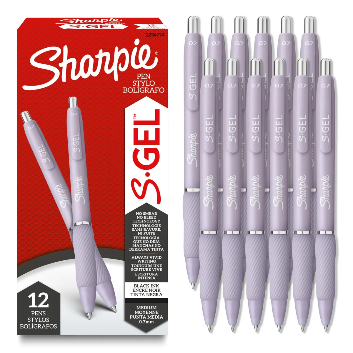 Twelve retractable gel pens with icy violet barrels and black ink, medium point .7mm, rubber grip visible