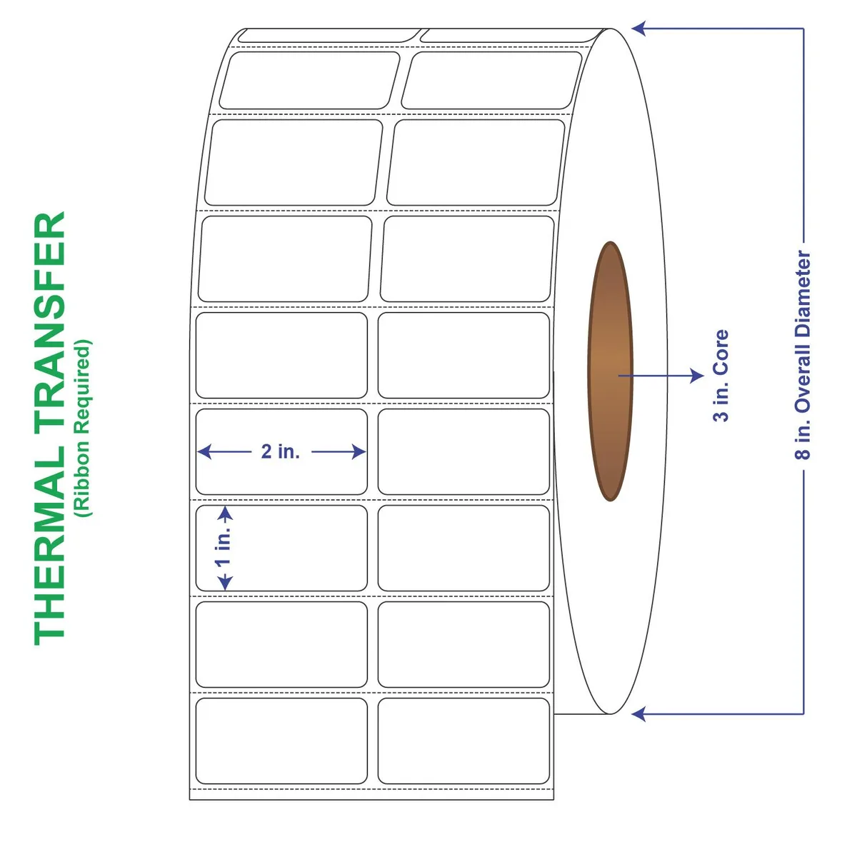 Four white label rolls in a carton, perforated edges, thermal transfer paper