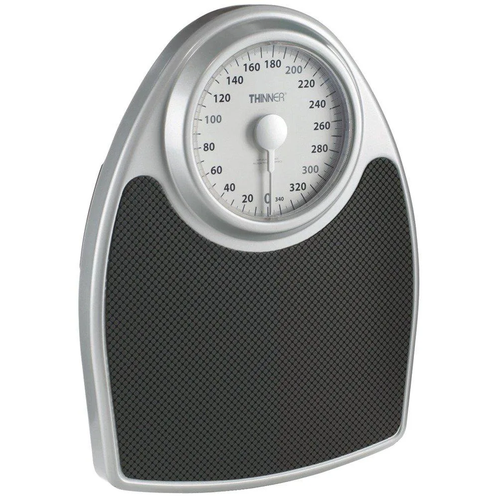 Black analog bathroom scale with large 6.5 in dial and comfort grip platform