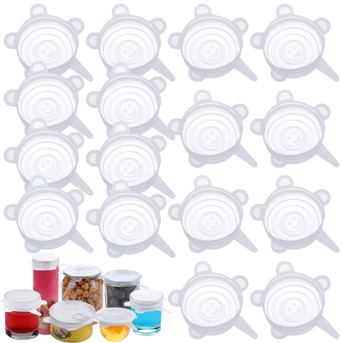 Sixteen white silicone stretch lids with small claw handles, 2.6 to 3.3 inch diameter