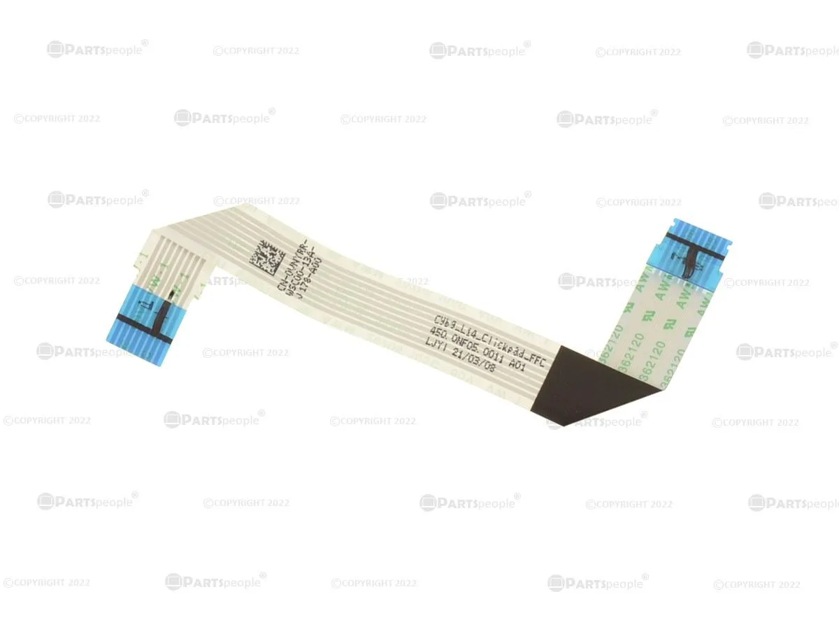 Flat beige ribbon cable with gold connectors and printed part numbers