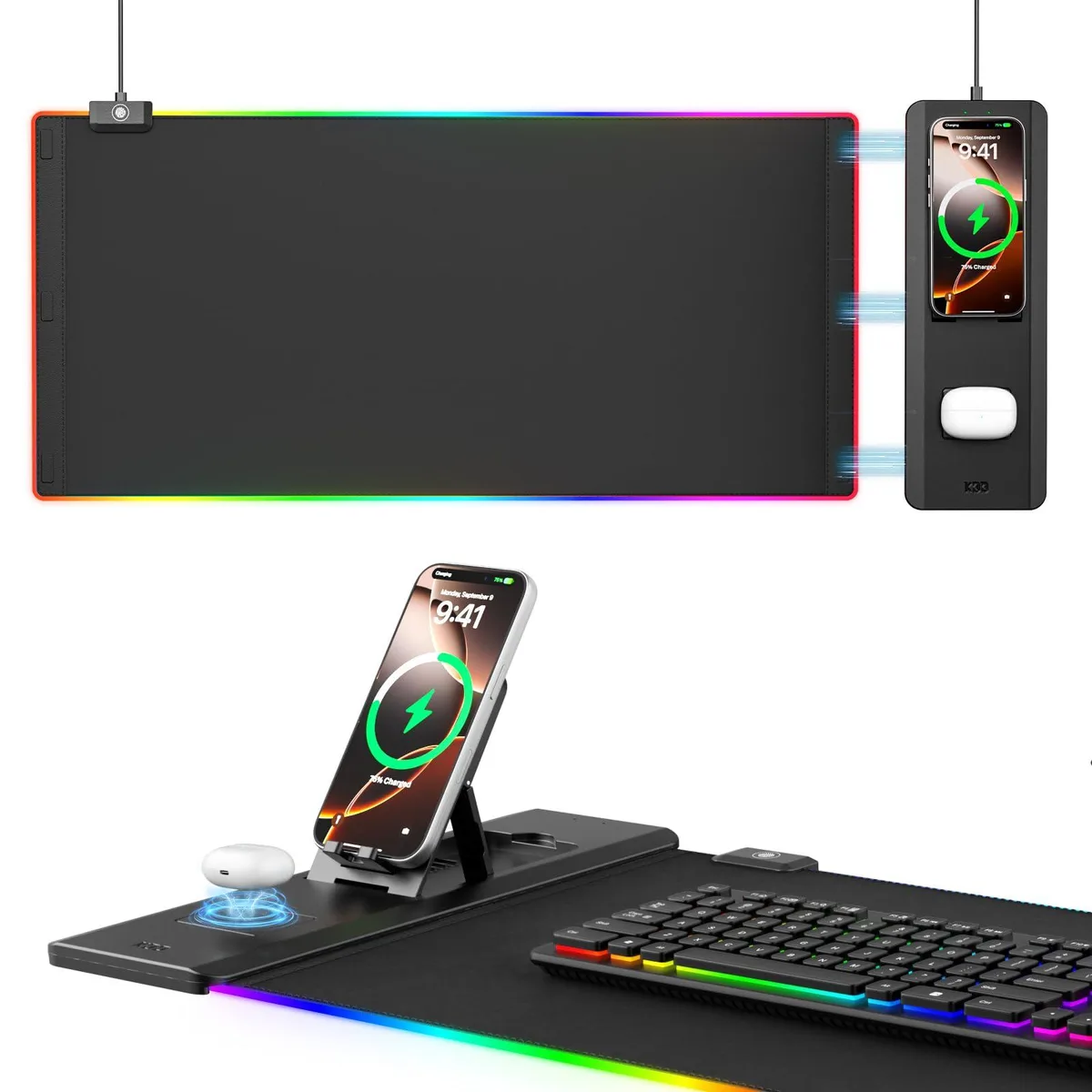 KDD Large RGB Mouse Pad with Wireless Charging, Phone Holder, 27.56 x 13 in — product photo