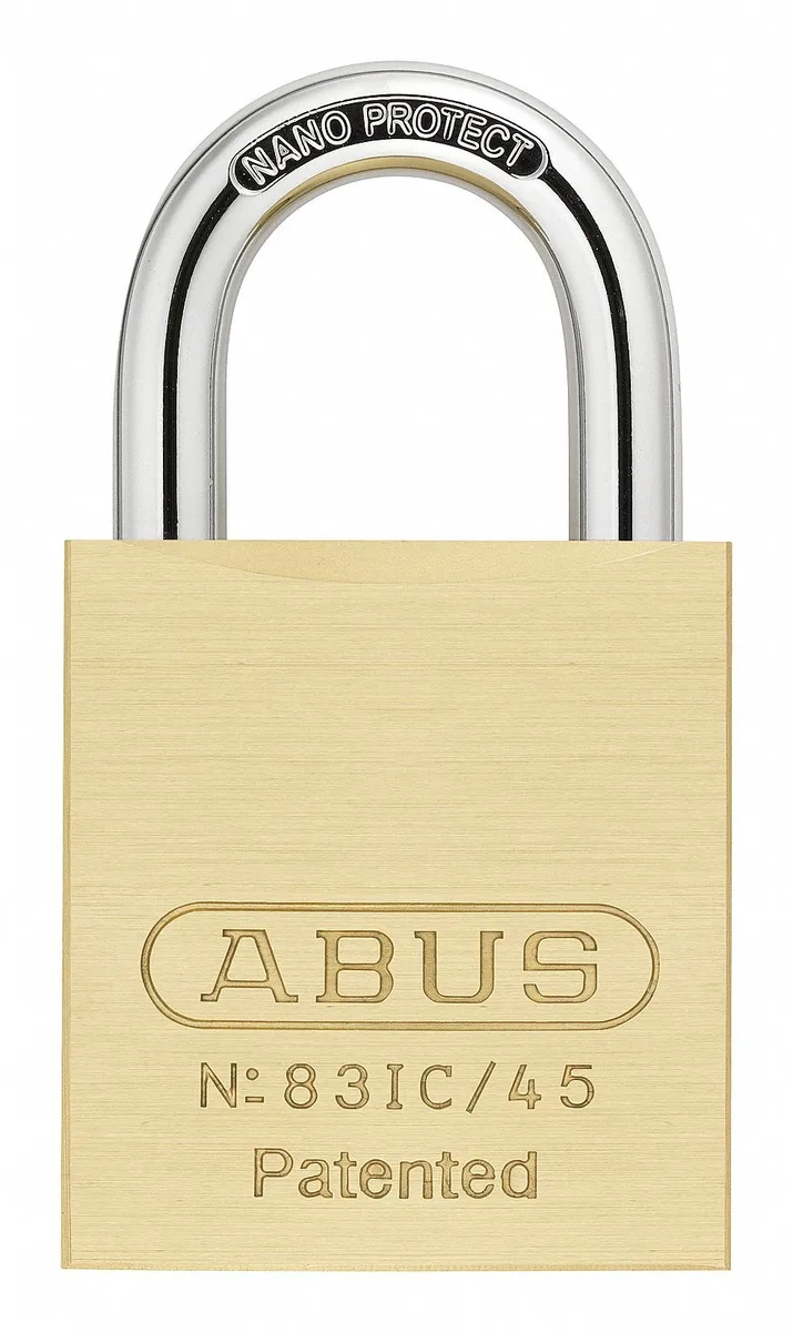 Brass rectangular padlock with steel shackle and interchangeable core cylinder