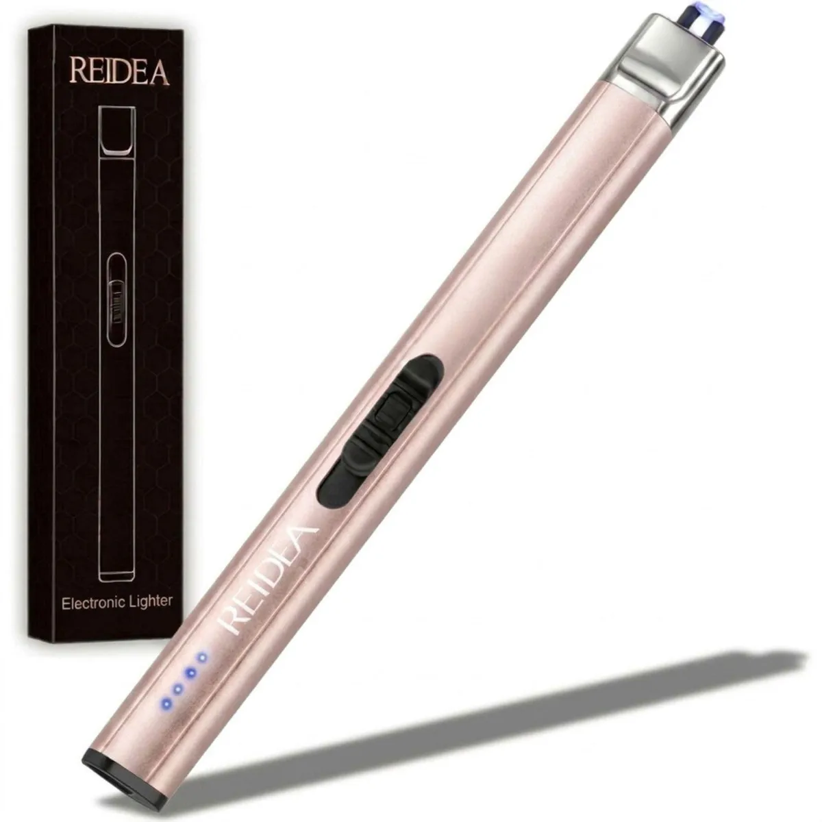 Two rose gold arc lighters, slim cylindrical form, metallic finish