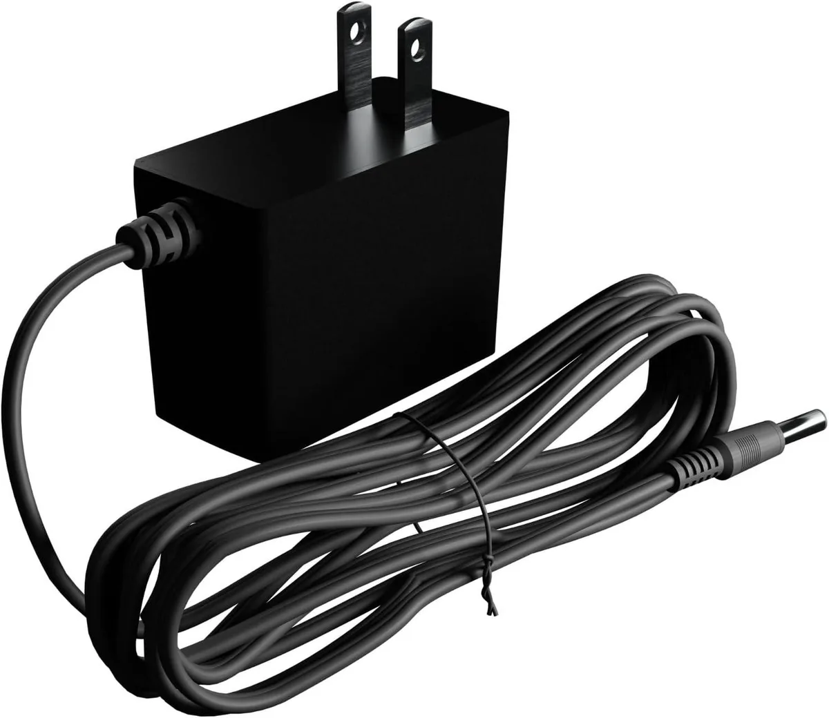White rectangular AC adapter with a long black cord attached