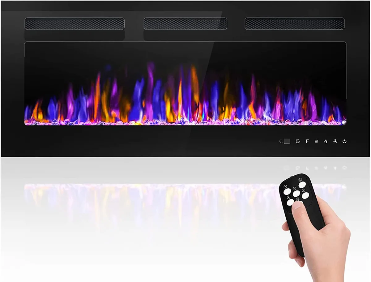 Black rectangular electric fireplace with tempered glass front, ultra-thin profile, wall-mounted or recessed installation
