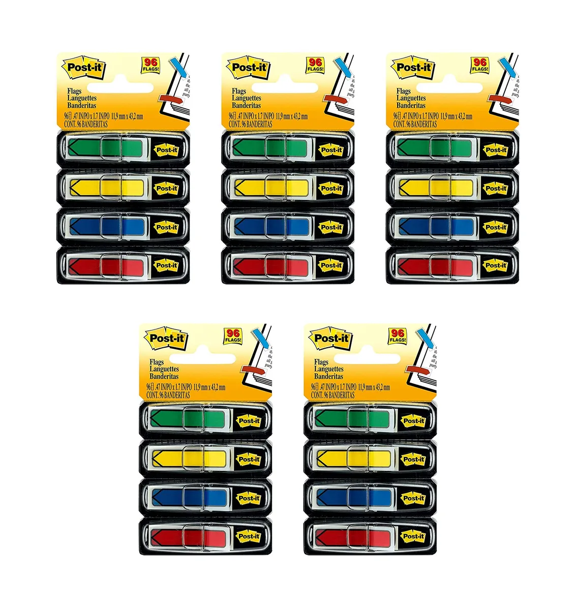 Four small dispensers of arrow shaped flags in assorted primary colours