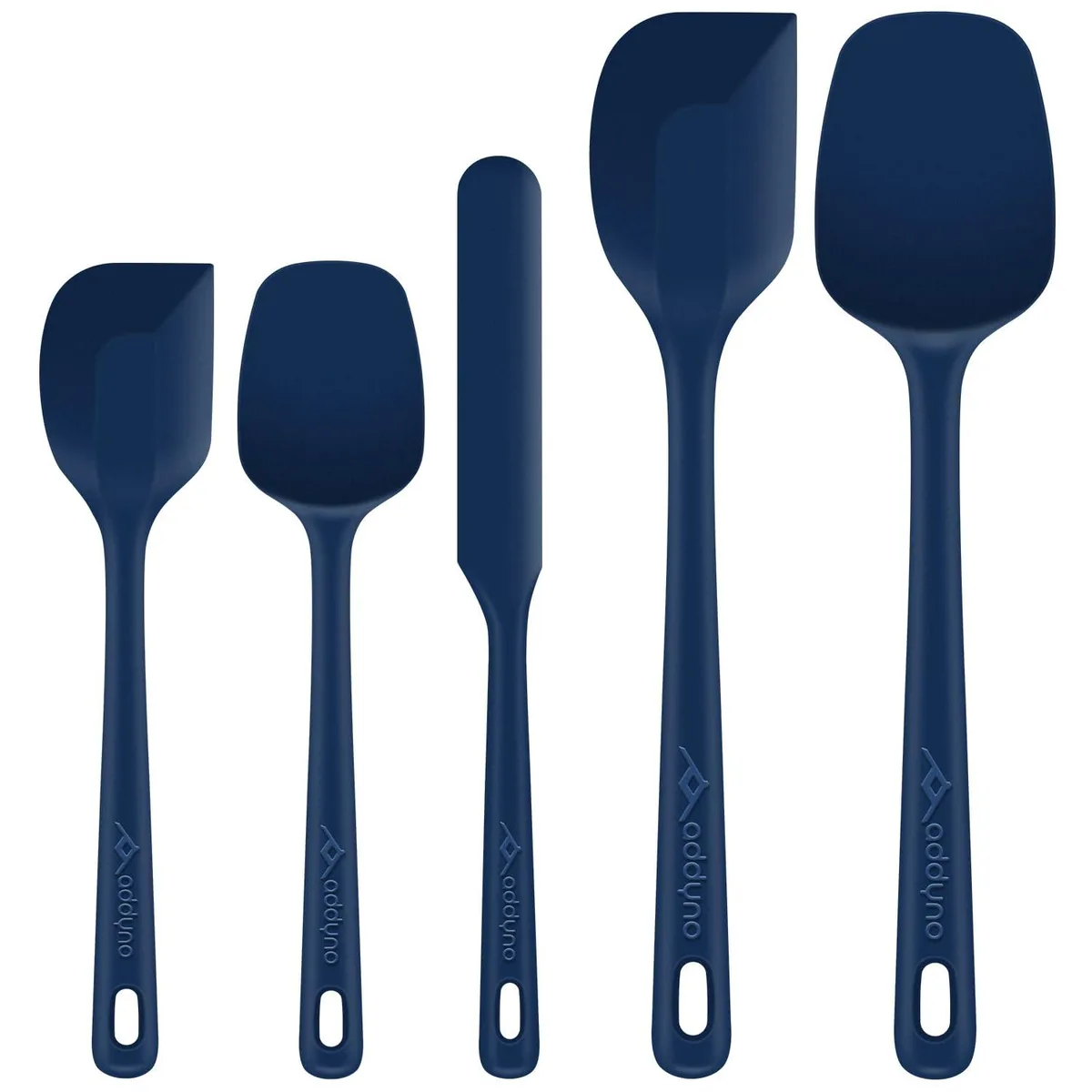 Five blue silicone cooking utensils with seamless one-piece design
