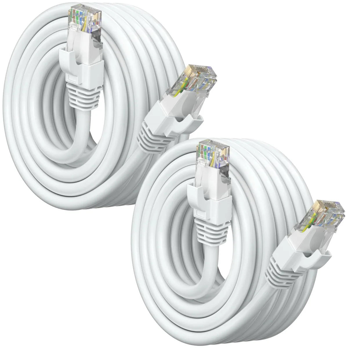 Two white round Cat 6 Ethernet cables with RJ45 connectors, 25 ft each