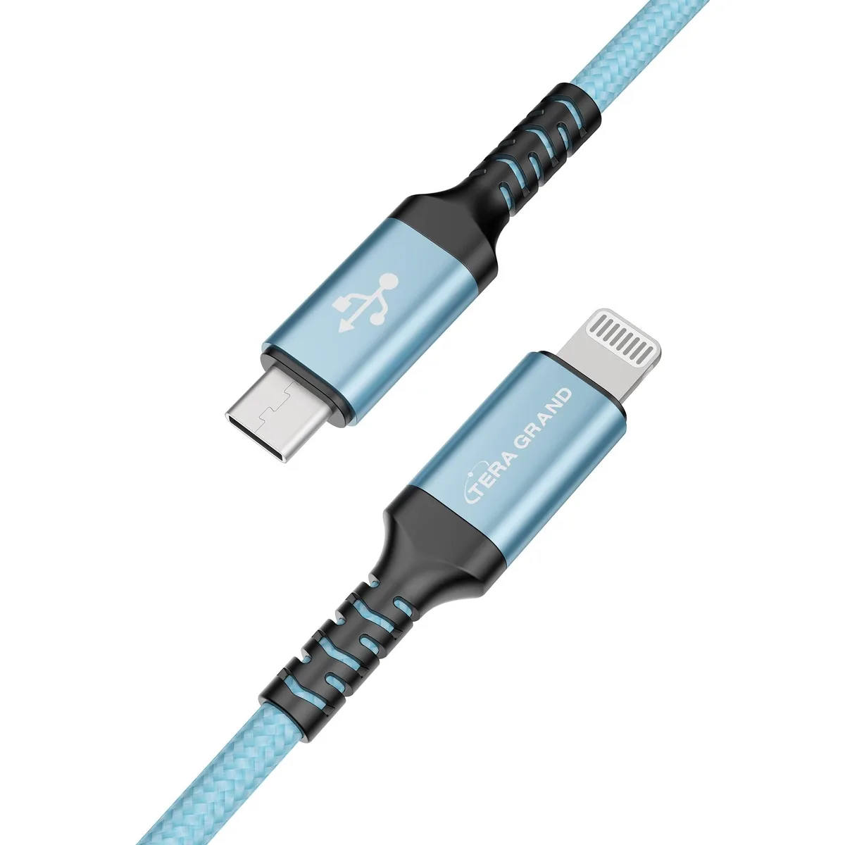 Blue braided USB-C to Lightning cable with Velcro tie