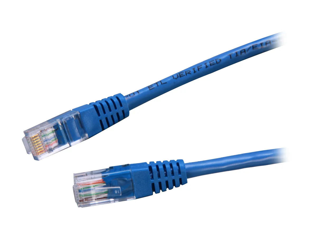 Blue Cat5e Ethernet cable with RJ45 connectors, 8 ft length